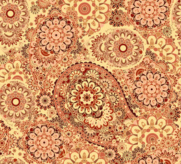 Vector seamless pattern in Eastern style. Colorful element for design. Ornamental lace tracery background. Ornate floral decor for wallpaper. Endless texture. Colored pattern fill.