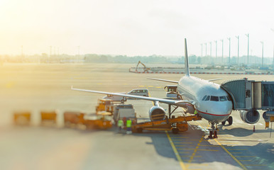 Passenger plane in the airport. Aircraft maintenance.