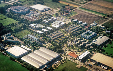 Aerial view of many commercial buildings.