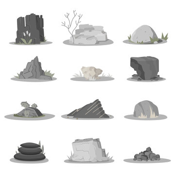 Rocks and stones single or piled for damage and rubble for game art architecture design. boulder vector set
