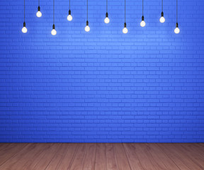 Painted brick wall and wooden floor with glowing light bulbs. 3D rendering