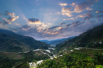 Amazing sunrise panorama view of rice terraces fields in Ifugao province mountains. Banaue, Philippines UNESCO heritage