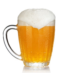 cold mug of beer with foam isolated on white background