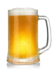 cold mug of beer with foam isolated on white background