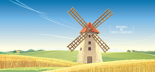 Rural landscape with windmill, vector illustration. - obrazy, fototapety, plakaty