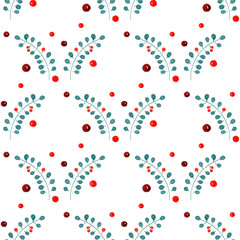 seamless watercolor pattern to Merry Christmas. bright background for happy new year.holly sprigs with red berries.