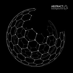 Vector hexagonal grid broken sphere isolated on black
