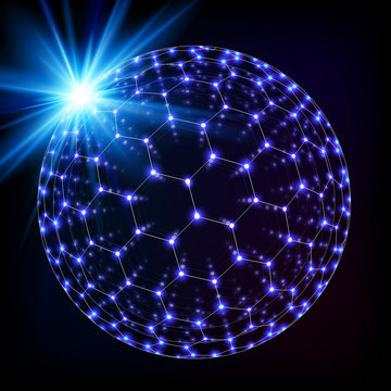 Blue shining cosmic hexagonal grid shining sphere