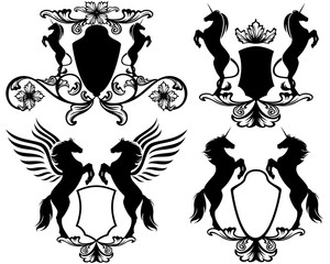 mythical unicorn and pegasus horses heraldry design set
