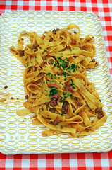 tagliatelle with game sauce and lardons south tyrol, italy
