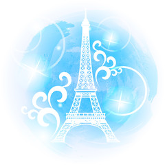Fototapeta na wymiar Eiffel Tower on a blue watercolor background
