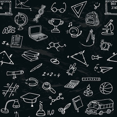 Hand-drawn seamless pattern with different school objects. Line art repeated background wit h study equipment, school bus, marks, drawings etc.