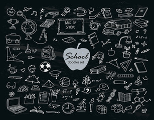 Hand-drawn doodles school set with different school objects on the black background. Line art illustration with study equipment, school bus, marks, drawings, computer, globe, books etc.