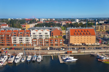 A view of a boats moored popular marina in Gdansk, Poland.