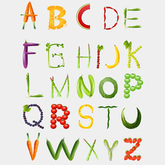 Food alphabet made of vegetables and fruits. Vegetables font. Healthy food vegetables letter