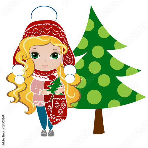 &quot;Cute girl with Christmas tree. New Year background. Greeting Card