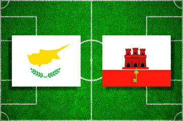 Flags Cyprus - Gibraltar on the football field. 2018 football qualifiers