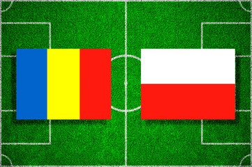 Flags of Romania - Poland on the football field. 2018 football qualifiers