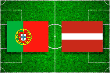 Flags Portugal - Latvia on the football field. 2018 football qualifiers