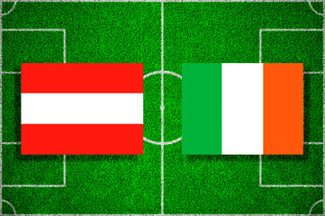 Flags Austria - Ireland on the football field. 2018 football qualifiers