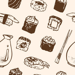 Seamless pattern Sushi rolls and japanese seafood l with salmon, smoked eel, selective food vector.