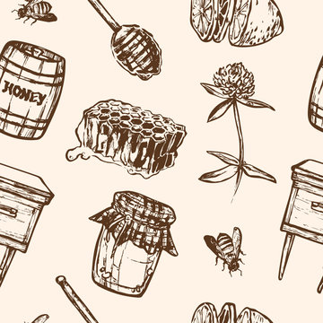 Seamless pattern with honey elements. Jar, spoon, stick, cells, clover, beehive, bee, lemon, keg.
