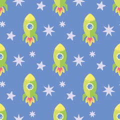 Rocket in the sky, Seamless vector illustration with cartoon rockets and stars