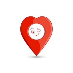 Search and find love. Heart shaped map pointer with cartoon face. Vector illustration. Concept of passion, amour, dating. Can be used as icon for online dating service or for Valentines Day design.