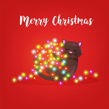 Merry Christmas greeting card. Cute cat play  with garland . christmas lights,