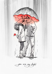 Couple with umbrella under the rain. Ink graphic illustration with red watercolor.