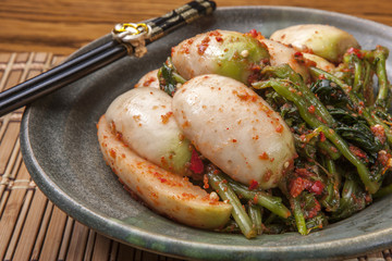 Close up of radish kimchi.