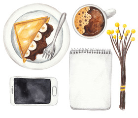 Notebook, mobile phone, cup of coffee, toast with banana and chocolate. Breakfast, watercolor mockup on white isolated background