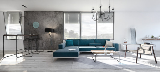 Modern interior design of apartment 3D Render