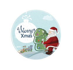 cartoon Santa Claus is carrying the christmas fir tree with holiday text. holiday greeting card
