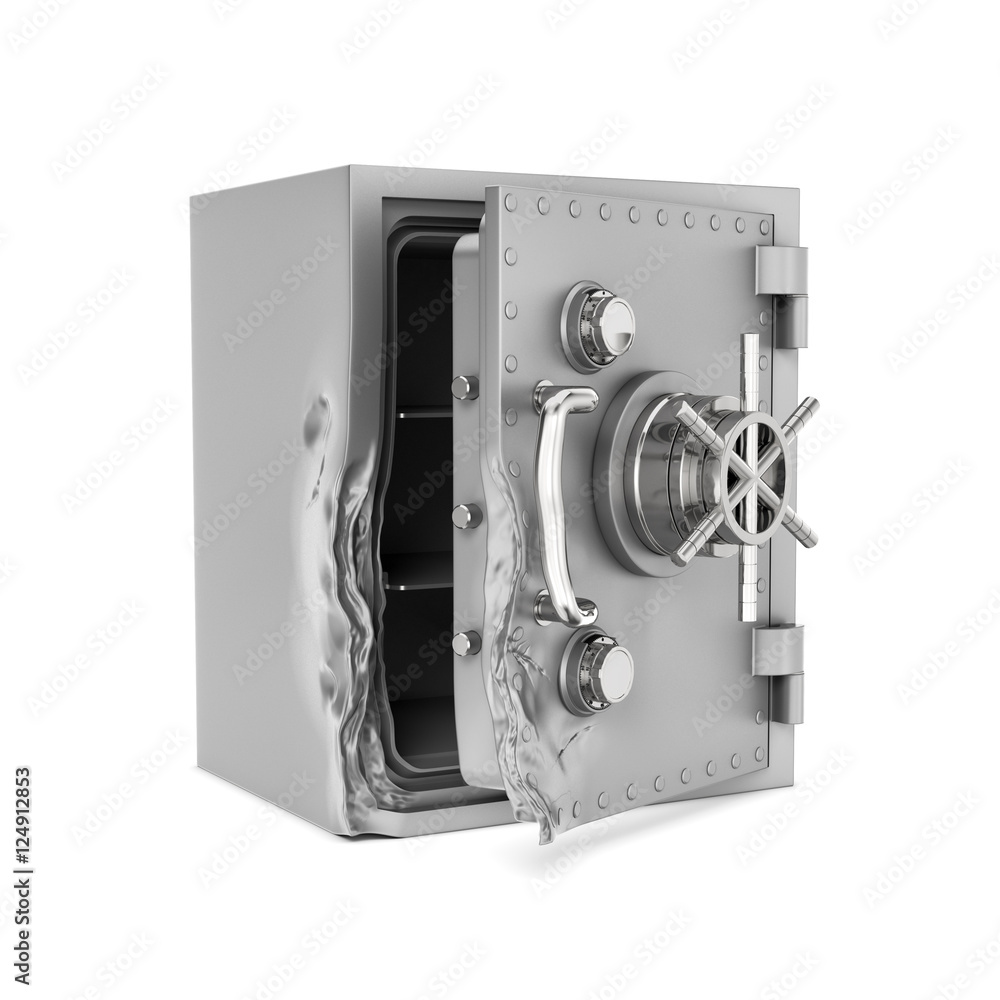 Poster rendering of open safe box with its door broken isolated on white background.