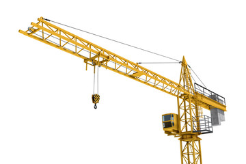 Rendering of yellow construction crane isolated on white background. - obrazy, fototapety, plakaty
