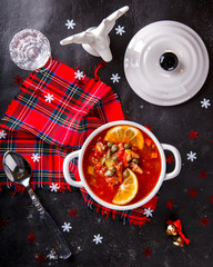 Christmas soup,Solyanka.Festive table.