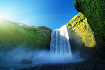 Skogarfoss waterfall and summer sunny day, Iceland - obrazy, fototapety, plakaty