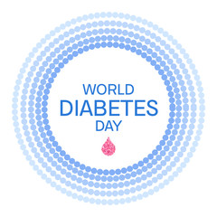 World Diabetes Day awareness poster. Blue circle made of dots with a drop of blood on white background. Diabetes symbol. Vector illustration.