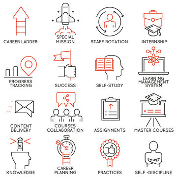 Vector set of 16 linear thin icons related to striving for success, leadership development, career progress, corporate management. Mono line pictograms and infographics design elements - part 4