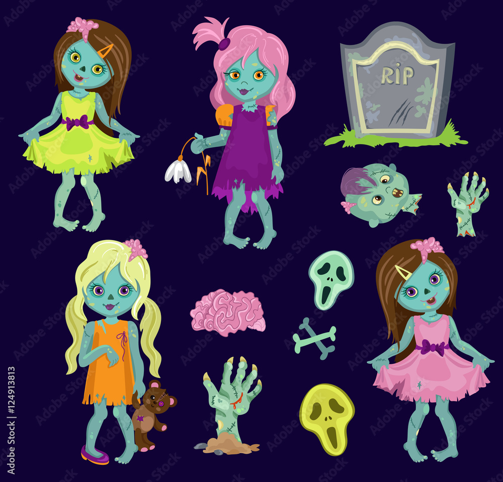 Wall mural big collection zombie girls. cartoon vector illustration in a single layer without gradients.