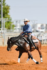 The side view of a rider in cowboy chaps, boots and hat on a horseback running ahead in the dust.