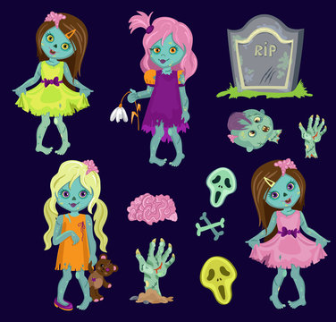 Big collection zombie girls. Cartoon Vector illustration in a single layer without gradients.