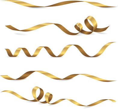 Set of five shiny golden ribbons. Vector realistic elements for your design greeting or gift card and invitation for holidays. Isolated from the background...