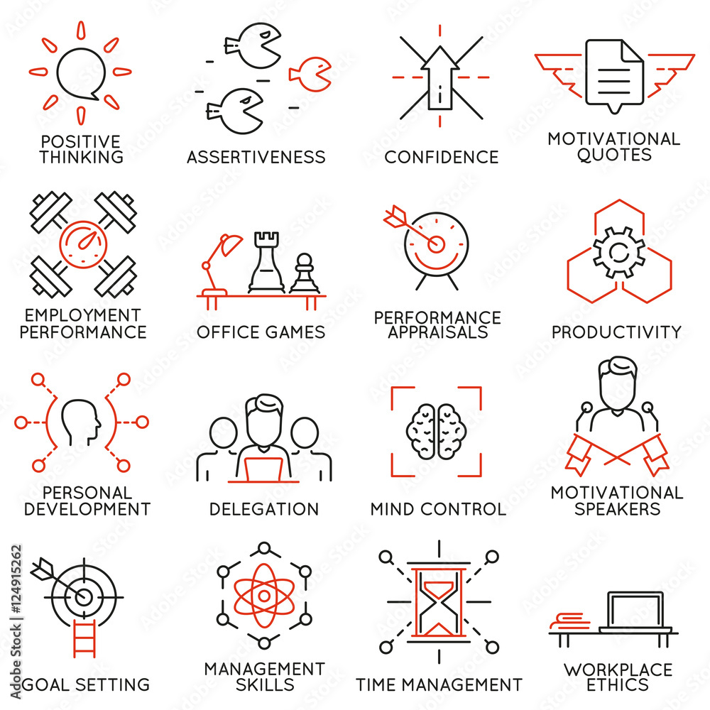 Poster vector set of 16 linear thin icons related to striving for success, leadership development, career p