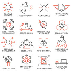 Vector set of 16 linear thin icons related to striving for success, leadership development, career progress and personal training. Mono line pictograms and infographics design elements - part 7