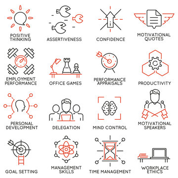 Vector set of 16 linear thin icons related to striving for success, leadership development, career progress and personal training. Mono line pictograms and infographics design elements - part 7