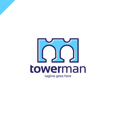 Abstract tower, bridge or castle with two man in negative space letter m logo.