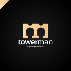 Abstract tower, bridge or castle with two man in negative space letter m logo.
