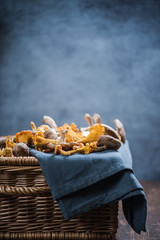 Aromatic wild mushrooms on ratan basket